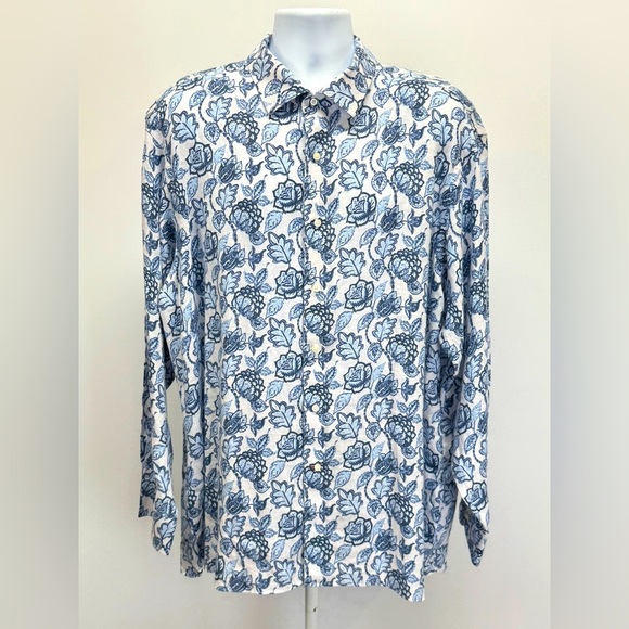 DANIEL CREMIEUX  Blue and White floral 100% Linen long sleeve shirt size XXL - Picture 1 of 13